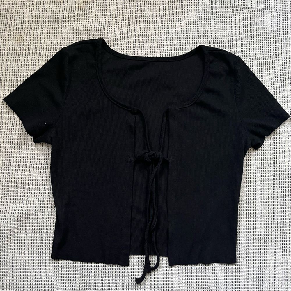 Black Ribbed Tie Front Short Sleeve Top Size Large